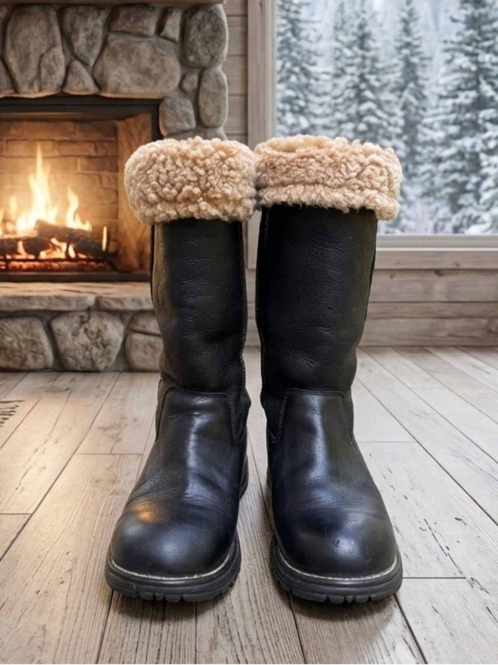 UGG® AUSTRALIA Brooks Black Sheepskin Shearling Fur Lined Boots Tall Snow Boots
